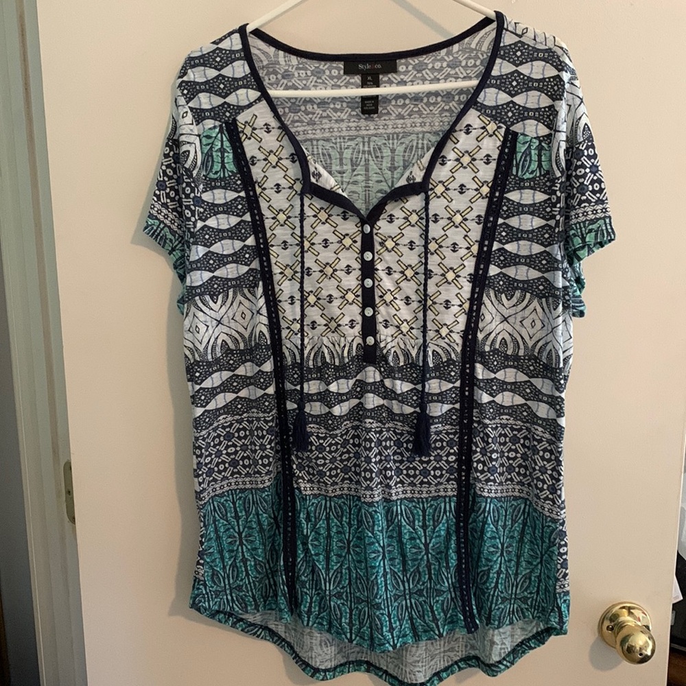 Style & Co Short Sleeve Top Multi Pattern Navy Blue & Teal. Polyester. Size XL